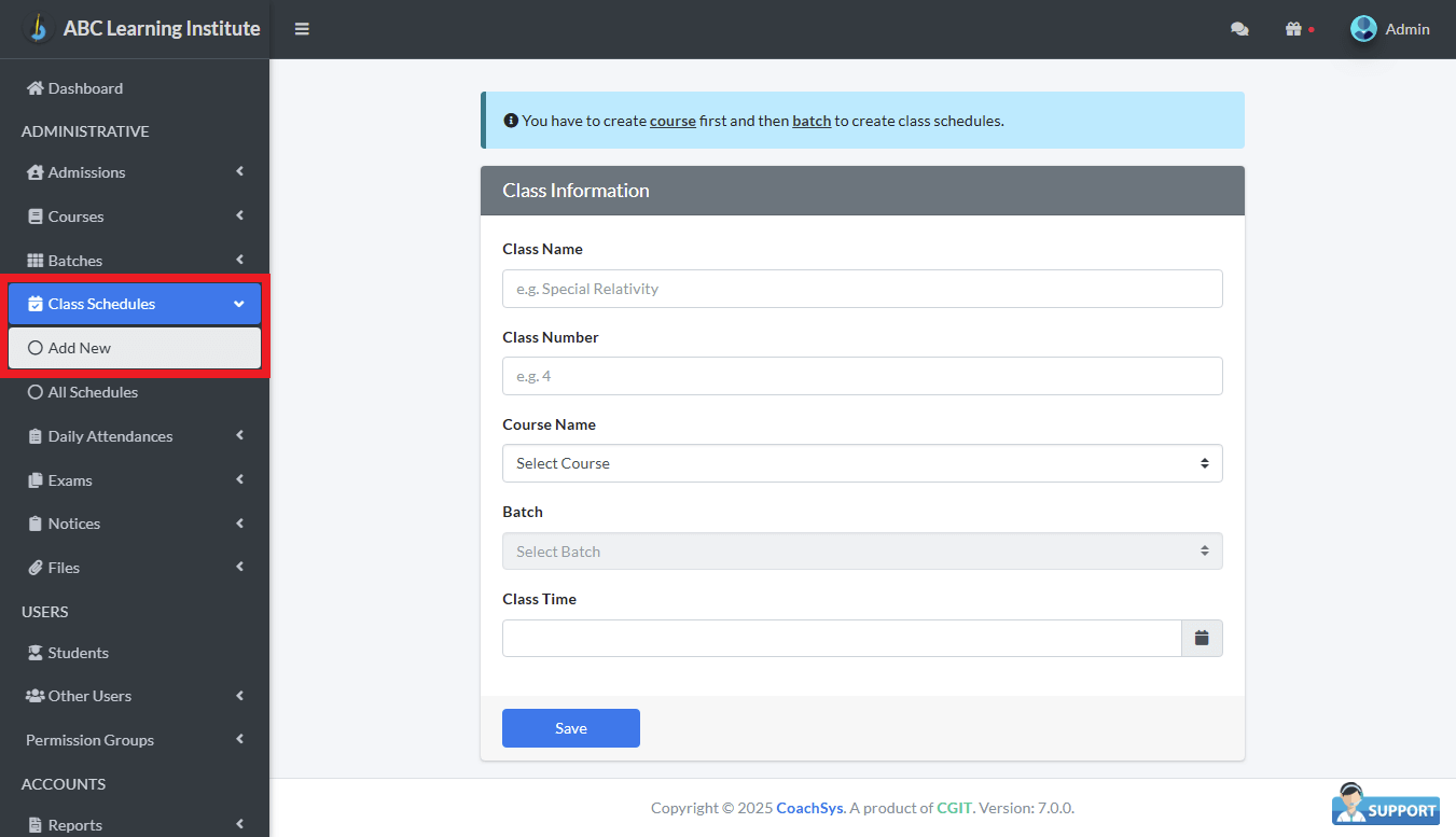 Add New 1 Add New Class Schedule