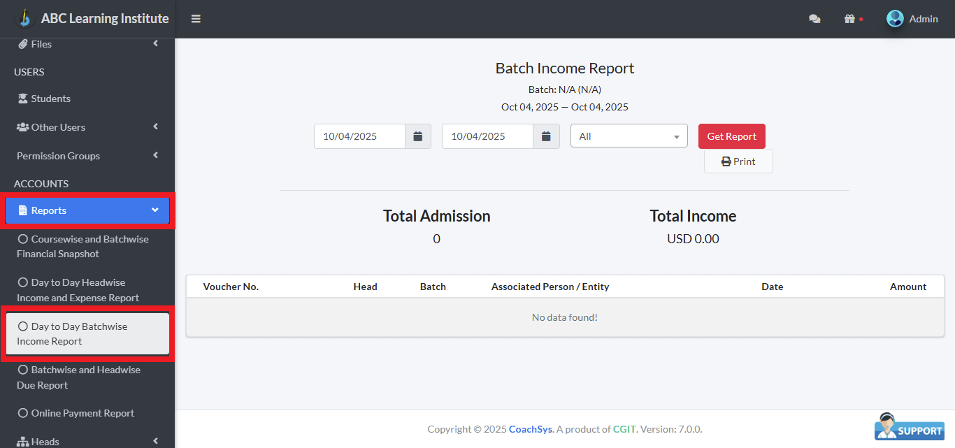 Day to Day Batchwise Income Report 1 Batch Income Report