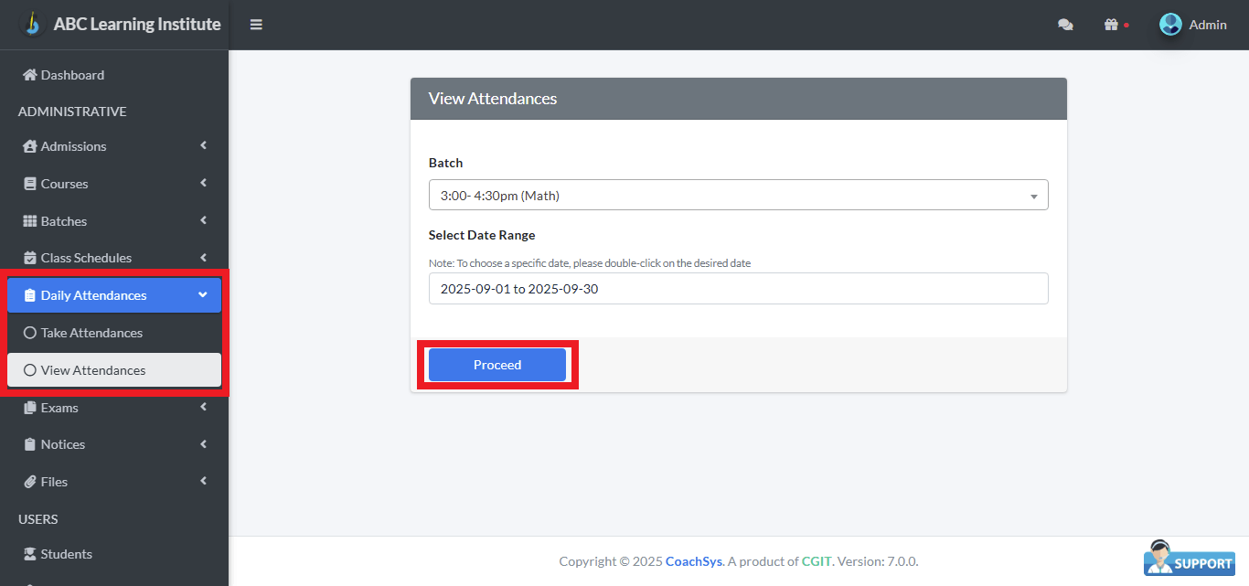 View Attendances 1 View Attendance date selection