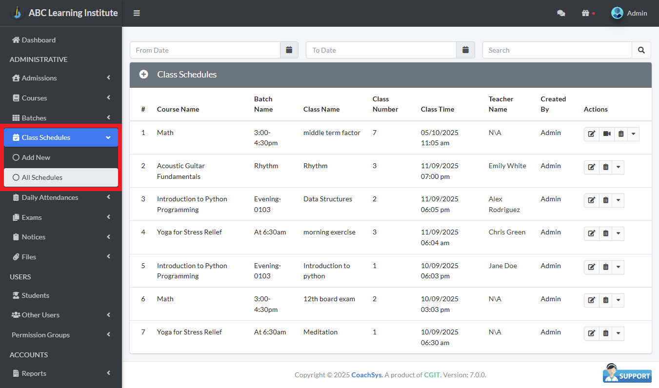 All Schedules 1 View Class Schedules
