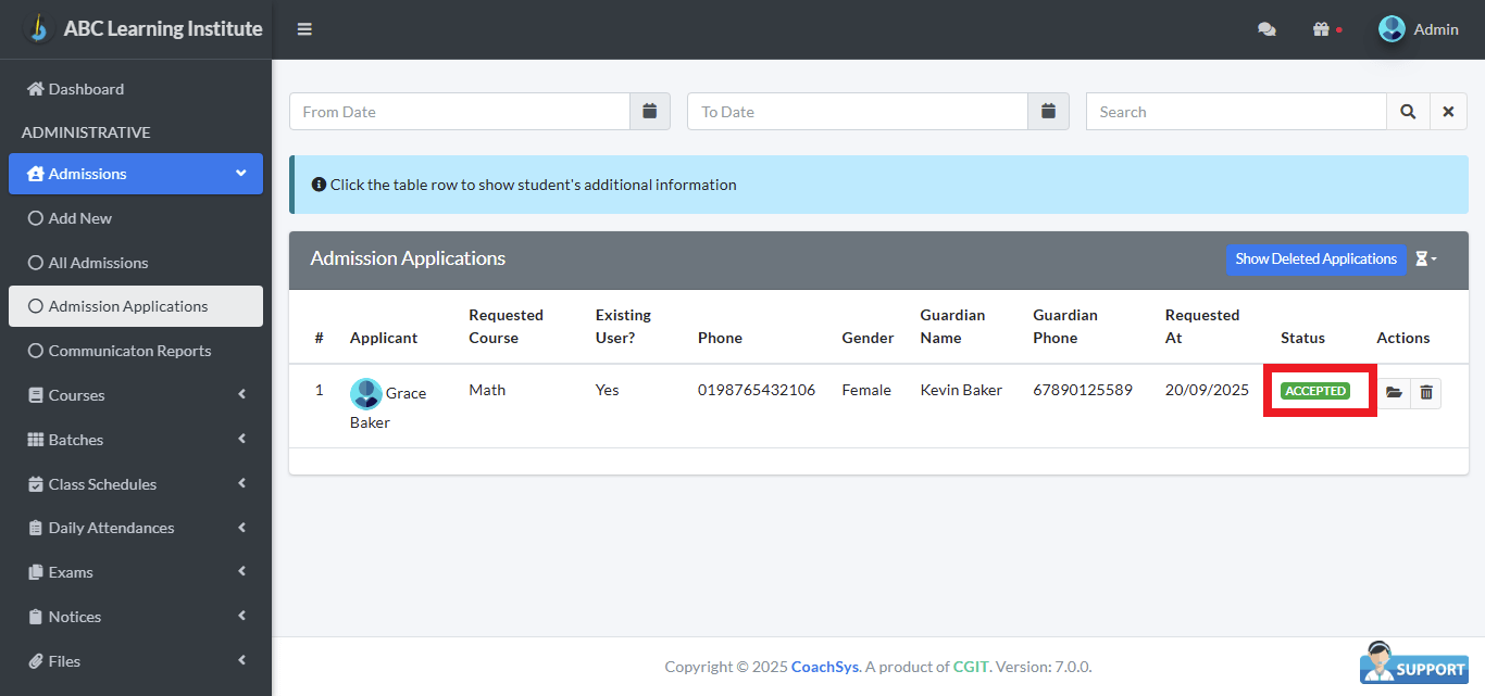 Admission Applications 2 accepted admission