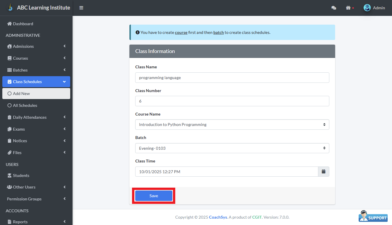 Add New 2 class schedule form