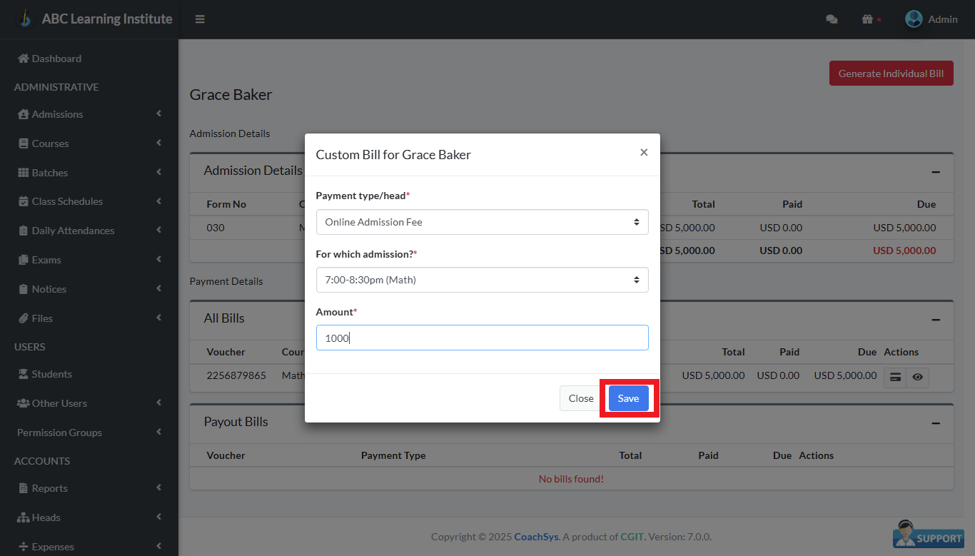 View Student’s Bills 3 custom Students Bills