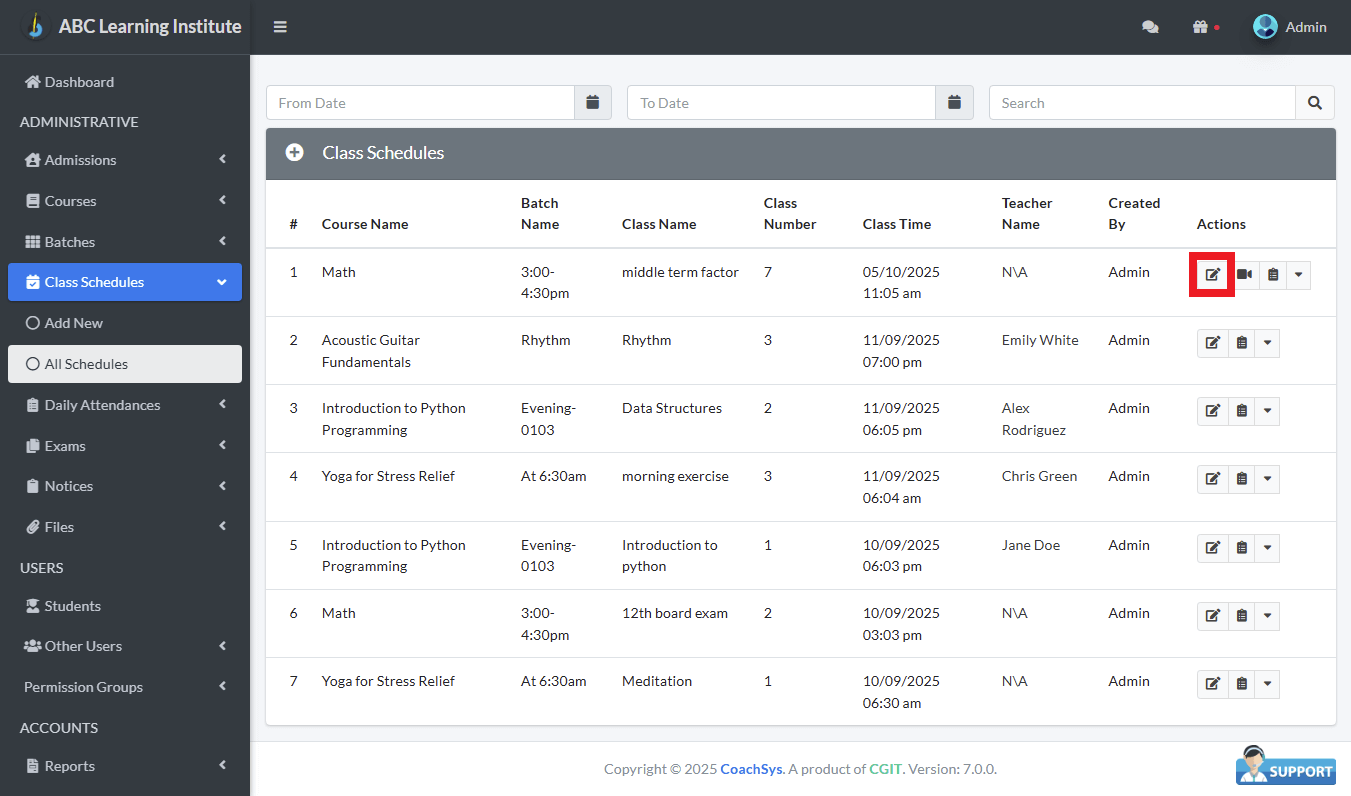 Edit Class Schedule 1 edit class schedule