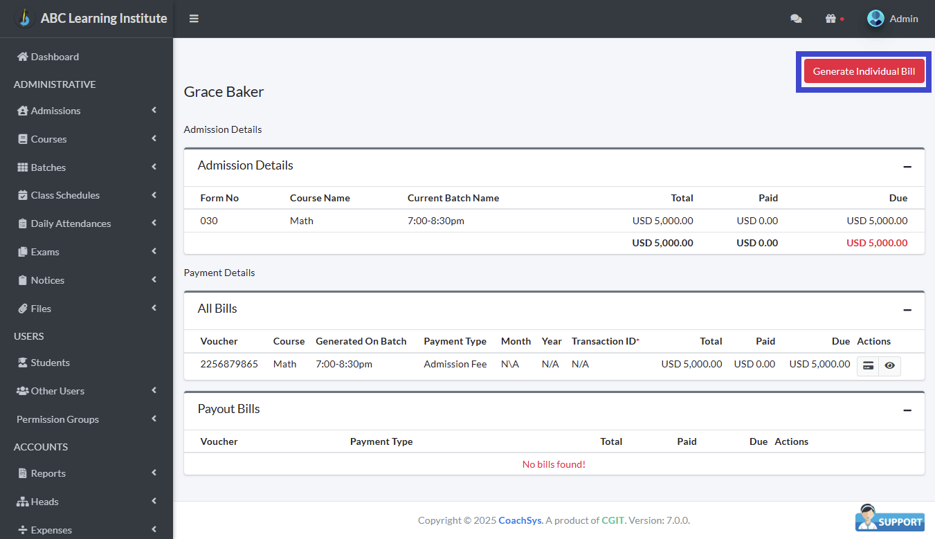 View Student’s Bills 2 generate Students Bills