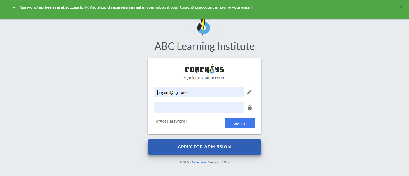 Reset Password 3 password send succesful