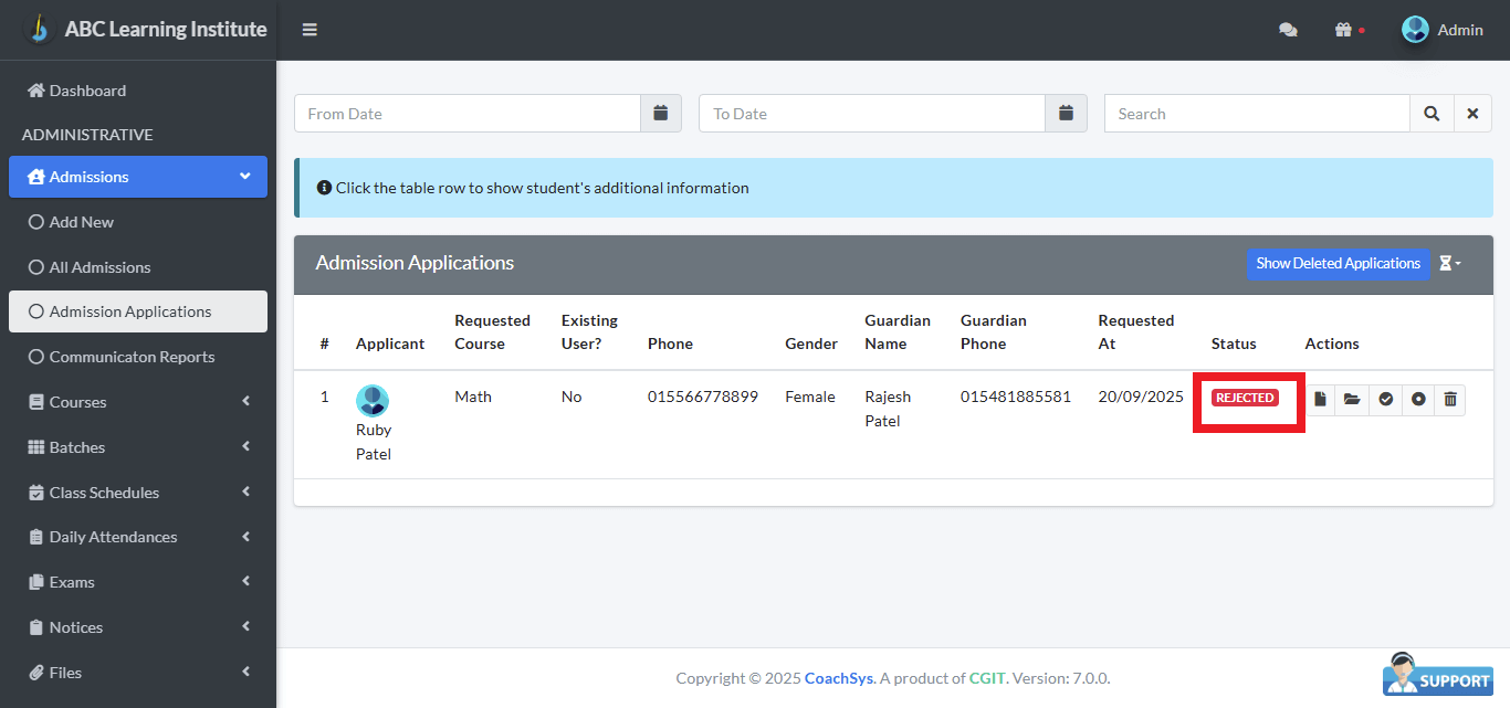 Admission Applications 3 rejected admission